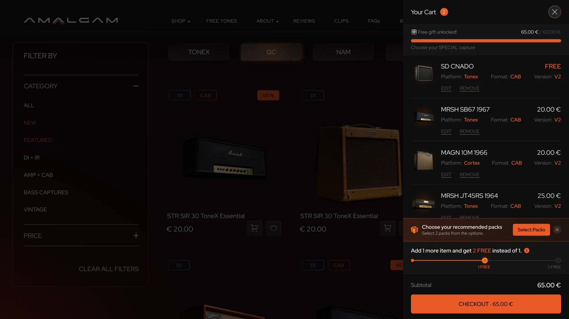 Amalgam Captures shop with filters and cart