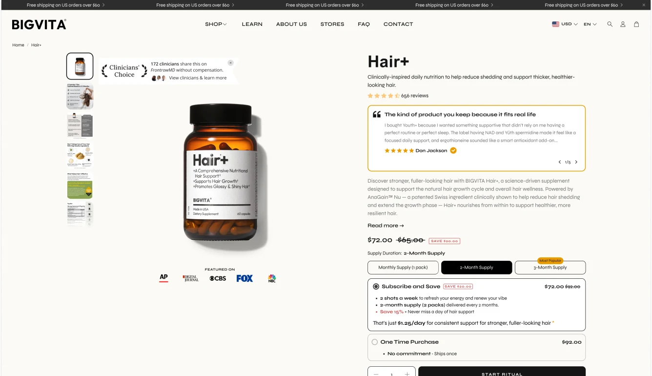 Kā Bigvita uzlaboja Shopify produktu lapas, sānu grozu un klientu dzīves cikla e-pastu pamatu — desktop